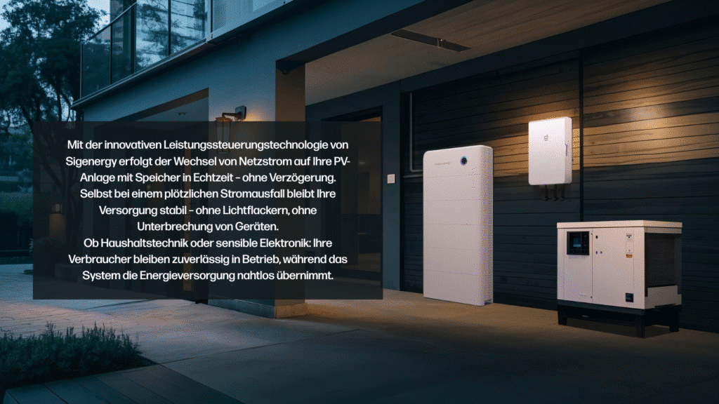 Moderne Hausfassade mit Sigenergy-Stromspeicher, Wechselrichter und Notstromaggregat; beleuchtete Szene mit erklärendem Text.