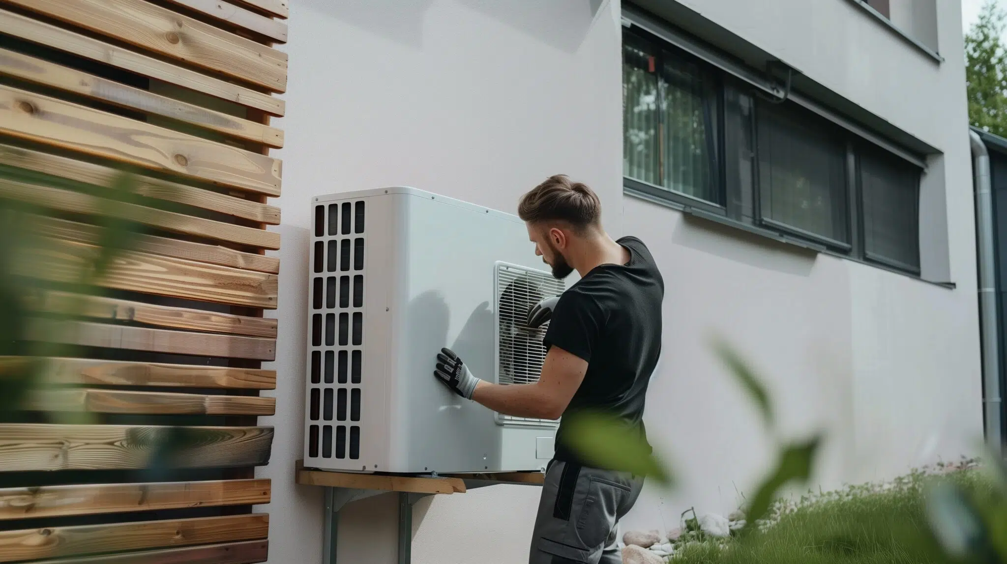 Ein Handwerker bringt eine Wärmepumpe an. Sie symbolisiert die Kombination von Photovoltaik und Heizungsförderung 2025.